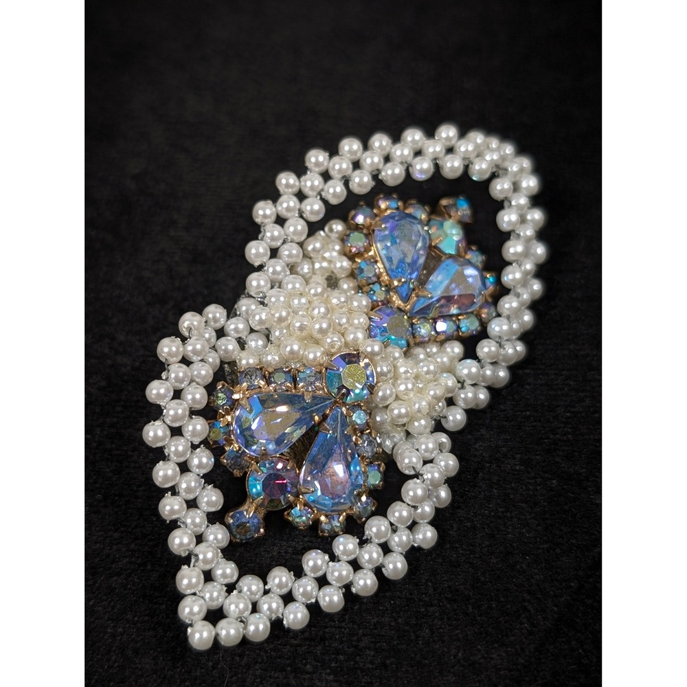 Artisan Assemblage Brooch Aurora Borealis Rhinestones Faux Pearls VTG Style Pin